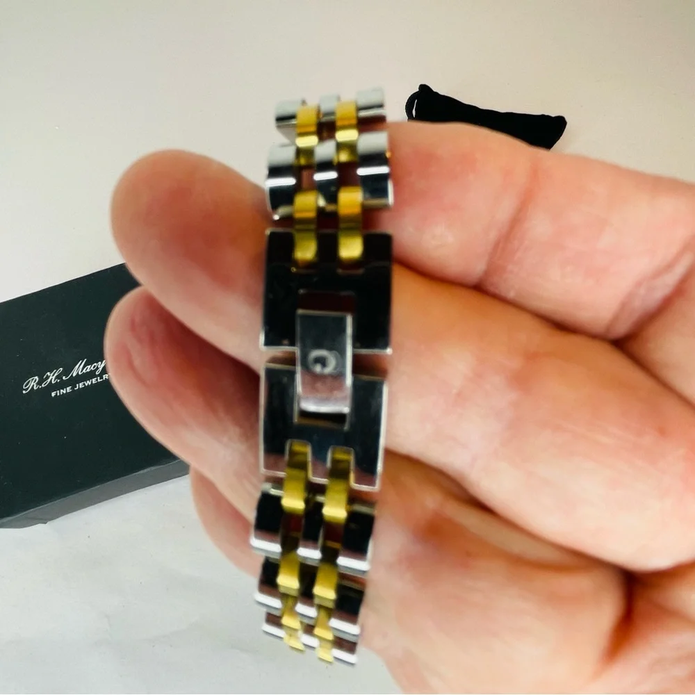 R.H. Macy Mens Two Toned Stainless Steel Metal Link Diamond Bracelet 9” Long - Picture 8 of 16